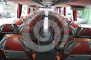 Interior of big coach bus with leather seats