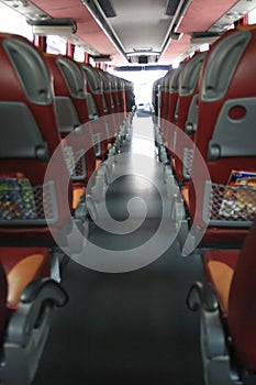 Interior of big coach bus with leather seats