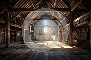 Interior of big old barn in the countryside, wood beams, windows, background illustration, digital matte painting. Generative AI