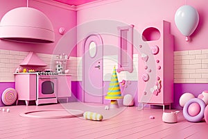 Interior birthday, decorations, party, Pink themed, generative AI