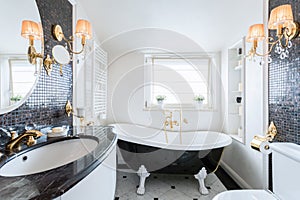 Interior of black and white bathroom