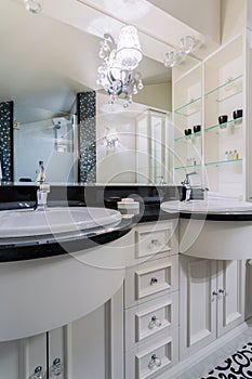 Interior of black and white bathroom