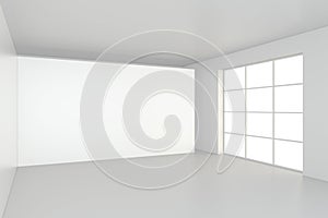 Interior blank billboards standing on floor in white room. 3d rendering