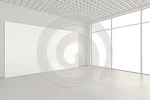 Interior blank billboards standing on floor in white room. 3d rendering