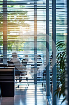Interior blinds in an office, people seen through the blinds in the distance. Blurred working people in motion.