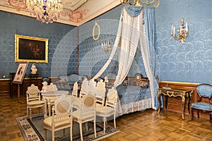 The interior of the blue bedroom at the Yusupov Palace on the embankment of the river Moika, Saint-Petersburg