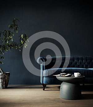 Interior with blue sofa and empty dark blue wall background. Living room