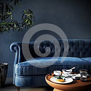 Interior with blue sofa and empty dark blue wall background. Living room