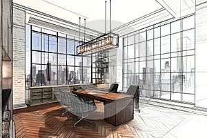 Interior blueprint for modern office. Repairs and refurbishment concept. 3D rendering.