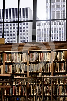 Interior and book shelves of the Mahattan Public Library