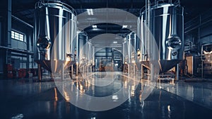 Interior of Brewery or alcohol production factory. Large steel fermentation tanks in spacious hall