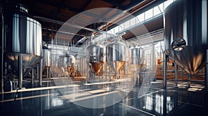 Interior of Brewery or alcohol production factory. Large steel fermentation tanks in spacious hall