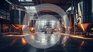 Interior of Brewery or alcohol production factory. Large steel fermentation tanks in spacious hall