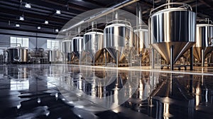 Interior of Brewery or alcohol production factory. Large steel fermentation tanks in spacious hall
