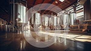 Interior of Brewery or alcohol production factory. Large steel fermentation tanks in spacious hall