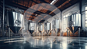 Interior of Brewery or alcohol production factory. Large steel fermentation tanks in spacious hall