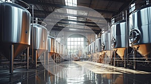 Interior of Brewery or alcohol production factory. Large steel fermentation tanks in spacious hall