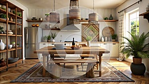 Interior of a bright kitchen in rustic style with wooden furniture and living plants, illuminated through large windows