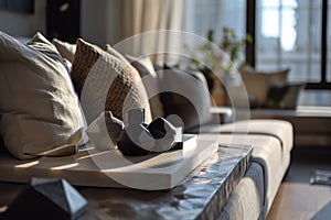 Interior of bright minimalist living room in modern luxurious apartment. Comfortable corner sofa, stylish coffee table