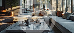 Interior of bright minimalist living room in modern luxurious apartment. Comfortable corner sofa, stylish coffee table
