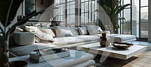 Interior of bright minimalist living room in modern luxurious apartment. Comfortable corner sofa, stylish coffee table