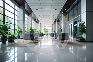 An interior of bright modern office lobby