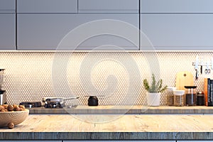 Interior of bright modern stylish kitchen with empty space on table. 3d rendering.