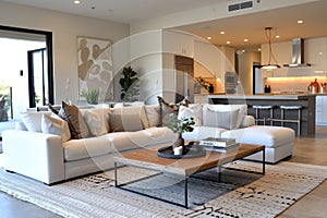 Interior of a bright Scandi white living room in luxury villa. Stylish sofa, carpet, modern kitchen with island, poster