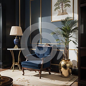 Interior of british colonial living room A modern classic armchair beside an antique sino-portuguese cabinet and luxury marble