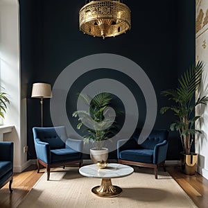 Interior of british colonial living room A modern classic armchair beside an antique sino-portuguese cabinet and luxury marble