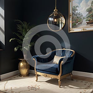 Interior of british colonial living room A modern classic armchair beside an antique sino-portuguese cabinet and luxury marble