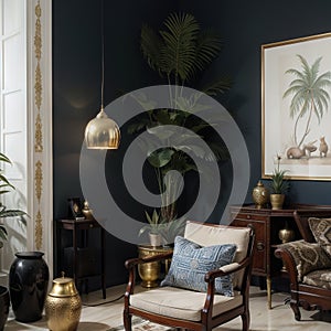 Interior of british colonial living room A modern classic armchair beside an antique sino-portuguese cabinet and luxury marble