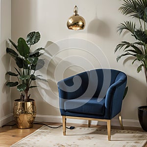 Interior of british colonial living room A modern classic armchair beside an antique sino-portuguese cabinet and luxury marble