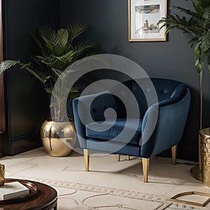 Interior of british colonial living room A modern classic armchair beside an antique sino-portuguese cabinet and luxury marble