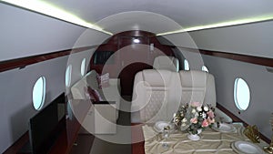 Interior cabin of private luxury vip jet. Inside of airplane plane