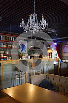 Interior of a cafe, Close-up of a large crystal chandelier