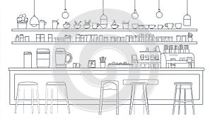Coffee Shop Bar Interior Line Drawing with Espresso Machine, Stools and Shelves