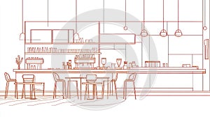 Coffee Shop Interior, Bar Counter Line Art Design