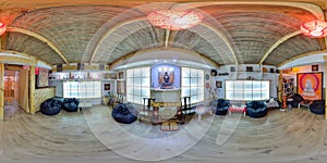 Interior of cafe in eco-style. 3D spherical panorama with 360 degree viewing angle. Ready for virtual reality in vr. Full equirect
