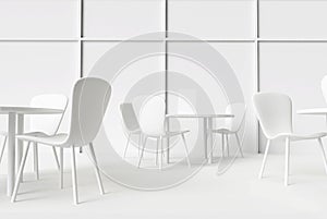 Interior cafe or restaurant indoor, tables and chairs 3d render illustration