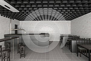 Interior cafe restaurant with white brick wall, black bar counter, grey tile floor and dark wooden chairs