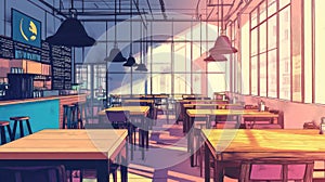 Empty Coffee Shop Interior, Restaurant Tables and Chairs, Anime Style