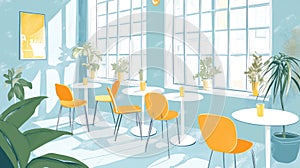 Modern cafe interior with table and chairs, plant decor, art
