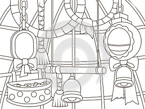 Interior of a cage for a poultry, a pet. Goods in a pet store. Childrens coloring, black lines, white background.