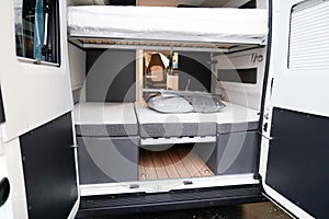 Interior from camper van converted into vacation motorhome in show exhibition