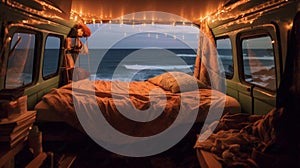 Interior of a camper van with fairy lights looking out to the ocean