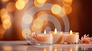 INTERIOR Candles in a glass candle holder.Lighted candles on the table, decor, aroma candles.Lights on bokeh background.