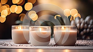 INTERIOR Candles in a glass candle holder.Lighted candles on the table, decor, aroma candles.Lights on bokeh background.