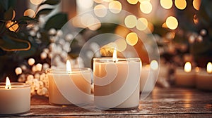 INTERIOR Candles in a glass candle holder.Lighted candles on the table, decor, aroma candles.Lights on bokeh background.