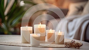 INTERIOR candles. Lighted candles on the table, decor, aroma candles, aromatherapy. Festival of Lights